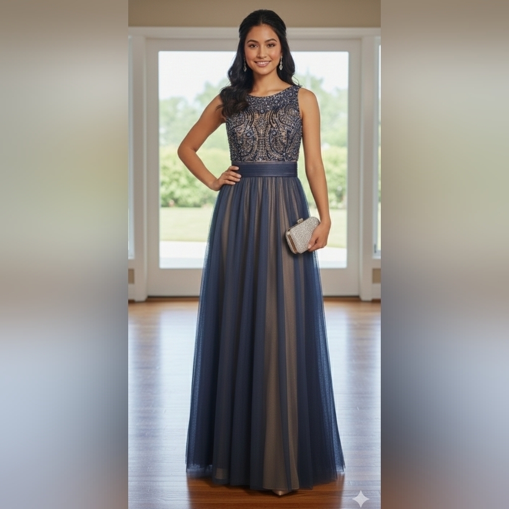 Fiesta Fashion Backless Navy Blue & Nude Dress - Picture 2 of 16